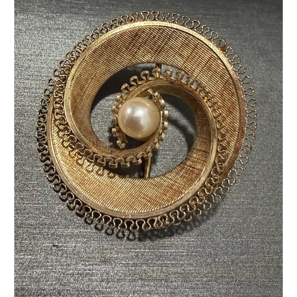 Retro Mid Century 1/20 12K Gold Filled Faux Pearl Atomic Swirl Circle Brooch Pin